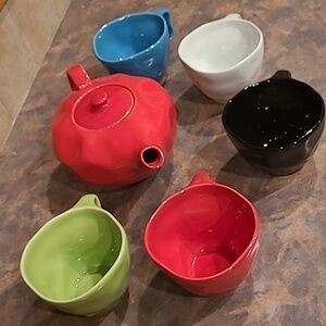 ORNATE UNIQUE TEAPOT AND MUGS, Multi- Colored, Ceramic